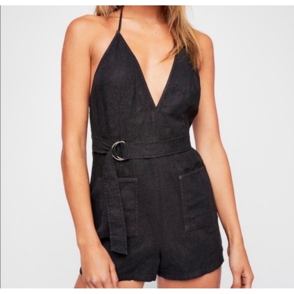 Free People Black Linen Blend Halter Romper‎ Belted festival V-Neck Size 0